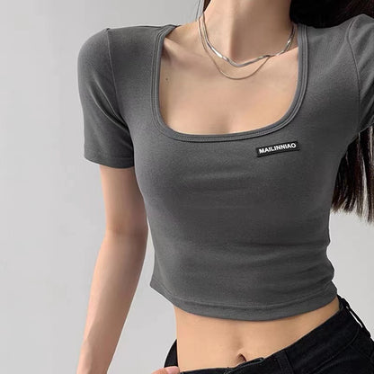 Square Neck Collarbone Tight Base Summer Hot Girl Short-sleeved Slim Top - Amazhona 