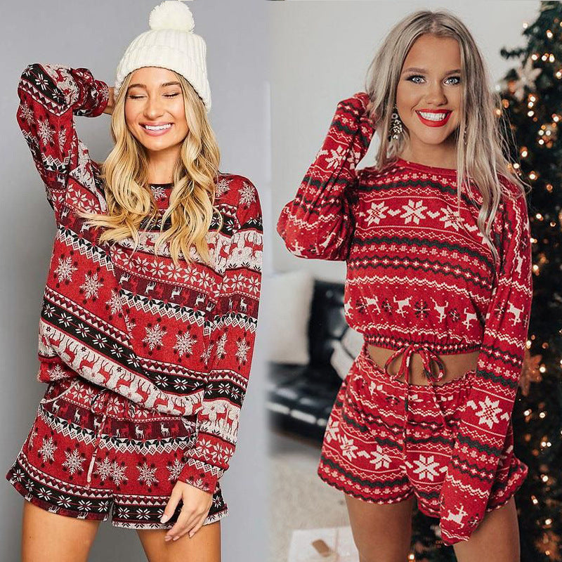 Women Printed Long Sleeve Loose Christmas Home Set - Amazhona 