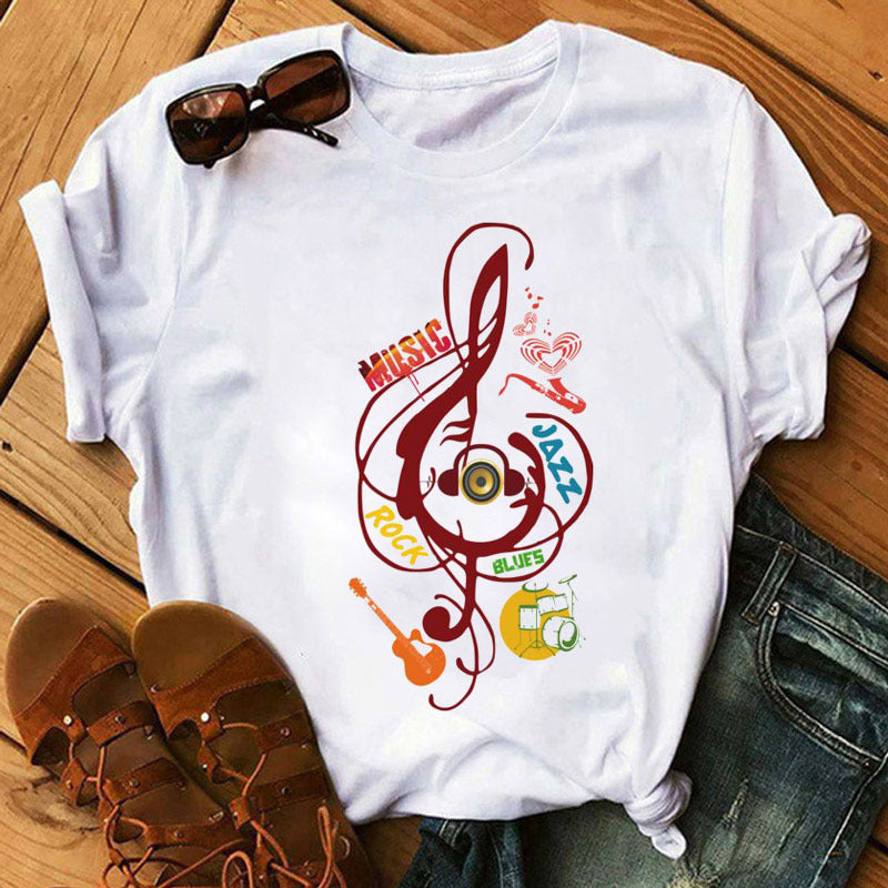 Large Size Women's Music Note Printing Kawaii Top Female Wholesale Supply Round Neck Short Sleeve T-shirt Female - Amazhona 