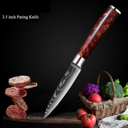 Red Resin Handle Damascus Laser Pattern Set Kitchen Knife - Amazhona 