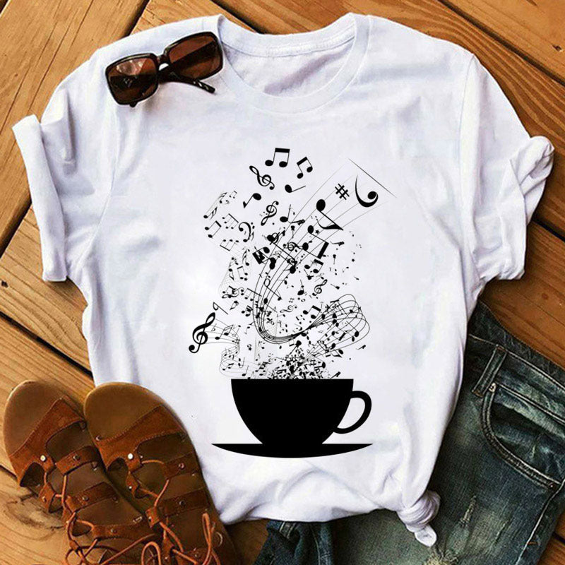 Large Size Women's Music Note Printing Kawaii Top Female Wholesale Supply Round Neck Short Sleeve T-shirt Female - Amazhona 