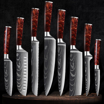 Red Resin Handle Damascus Laser Pattern Set Kitchen Knife - Amazhona 