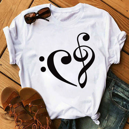 Large Size Women's Music Note Printing Kawaii Top Female Wholesale Supply Round Neck Short Sleeve T-shirt Female - Amazhona 