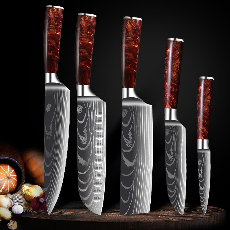 Red Resin Handle Damascus Laser Pattern Set Kitchen Knife - Amazhona 