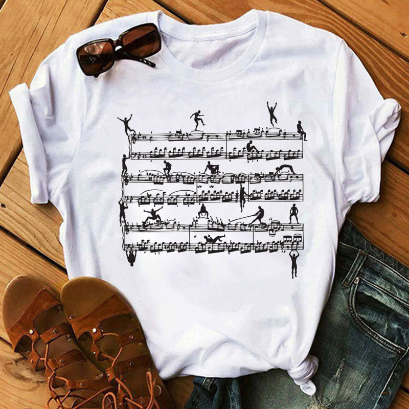 Large Size Women's Music Note Printing Kawaii Top Female Wholesale Supply Round Neck Short Sleeve T-shirt Female - Amazhona 