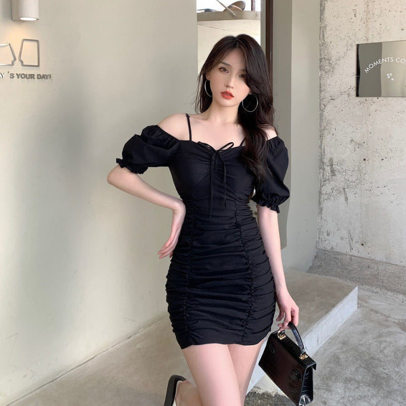 Square Neck Short Sleeve Dress Summer Women's Black French Style Slim Fit - Amazhona 