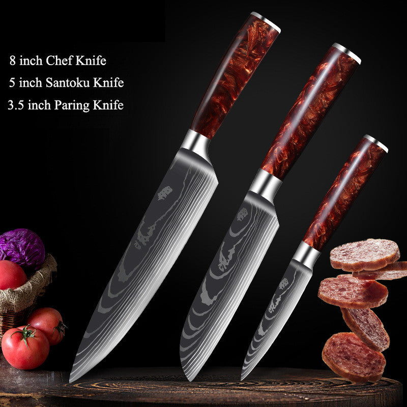 Red Resin Handle Damascus Laser Pattern Set Kitchen Knife - Amazhona 