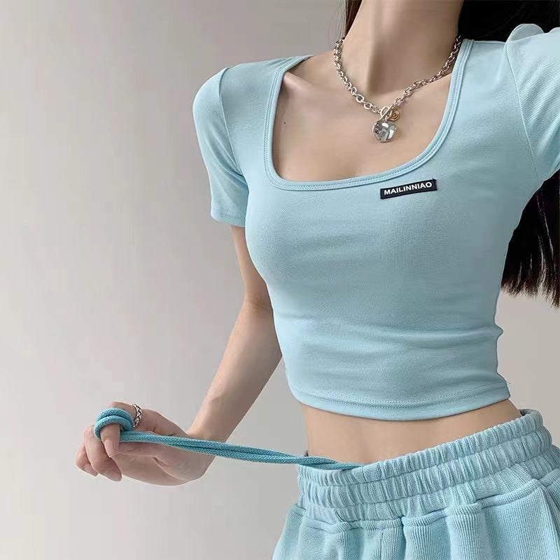 Square Neck Collarbone Tight Base Summer Hot Girl Short-sleeved Slim Top - Amazhona 