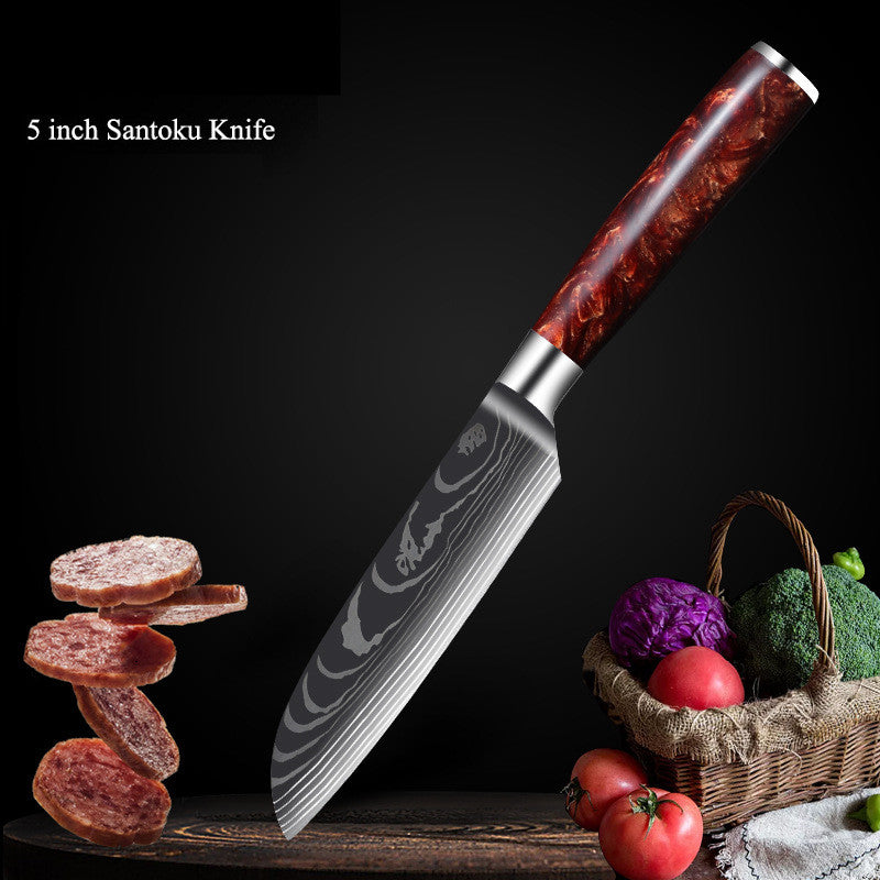 Red Resin Handle Damascus Laser Pattern Set Kitchen Knife - Amazhona 