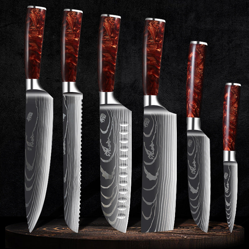 Red Resin Handle Damascus Laser Pattern Set Kitchen Knife - Amazhona 