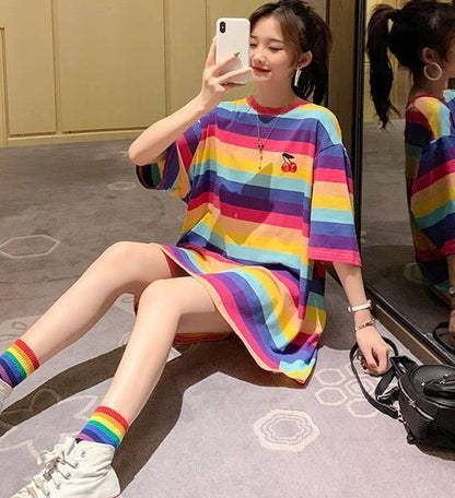 Mid-length Short-sleeved Rainbow Female Student Loose Ins Half-sleeved Top - Amazhona 