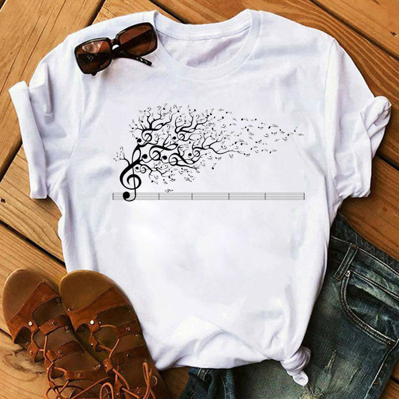 Large Size Women's Music Note Printing Kawaii Top Female Wholesale Supply Round Neck Short Sleeve T-shirt Female - Amazhona 