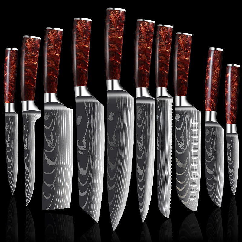 Red Resin Handle Damascus Laser Pattern Set Kitchen Knife - Amazhona 