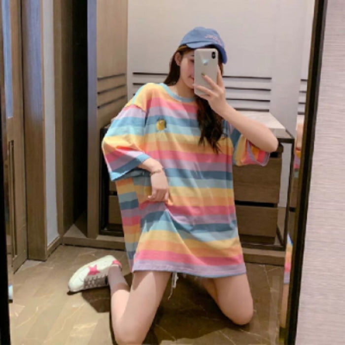 Mid-length Short-sleeved Rainbow Female Student Loose Ins Half-sleeved Top - Amazhona 