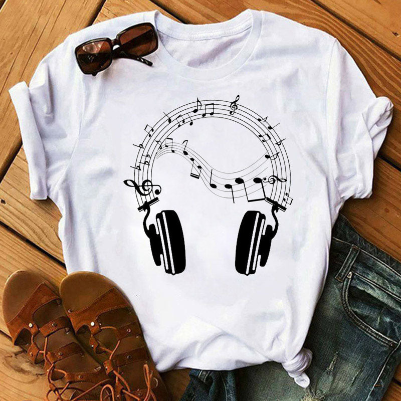 Large Size Women's Music Note Printing Kawaii Top Female Wholesale Supply Round Neck Short Sleeve T-shirt Female - Amazhona 