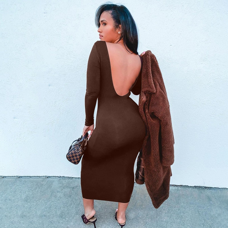 hirigin 2021 Spring Sexy Backless Midi Dresses Bodycon Elegant Evening Club Party Birthday Brown Long Sleeve Dress Women - Amazhona 