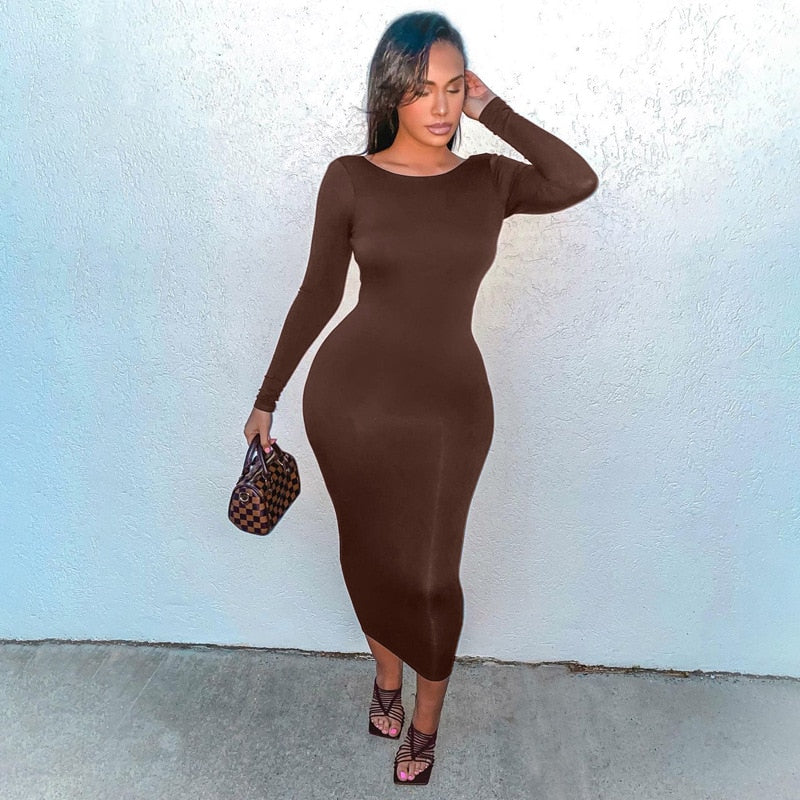 hirigin 2021 Spring Sexy Backless Midi Dresses Bodycon Elegant Evening Club Party Birthday Brown Long Sleeve Dress Women - Amazhona 